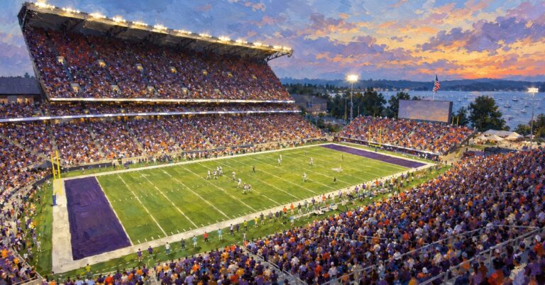 Editorial oil painting of Husky Stadium in Seattle, with abstract spectators and unmarked venue surfaces.