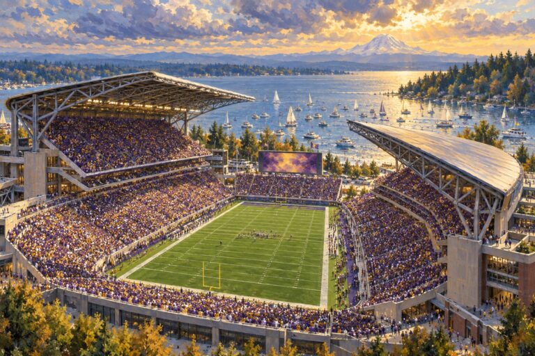 Oil painting of Husky Stadium overlooking Lake Washington during a college football game