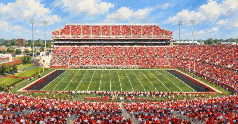 Editorial oil painting of L&N Federal Credit Union Stadium in Louisville, with abstract spectators and unmarked venue surfaces.