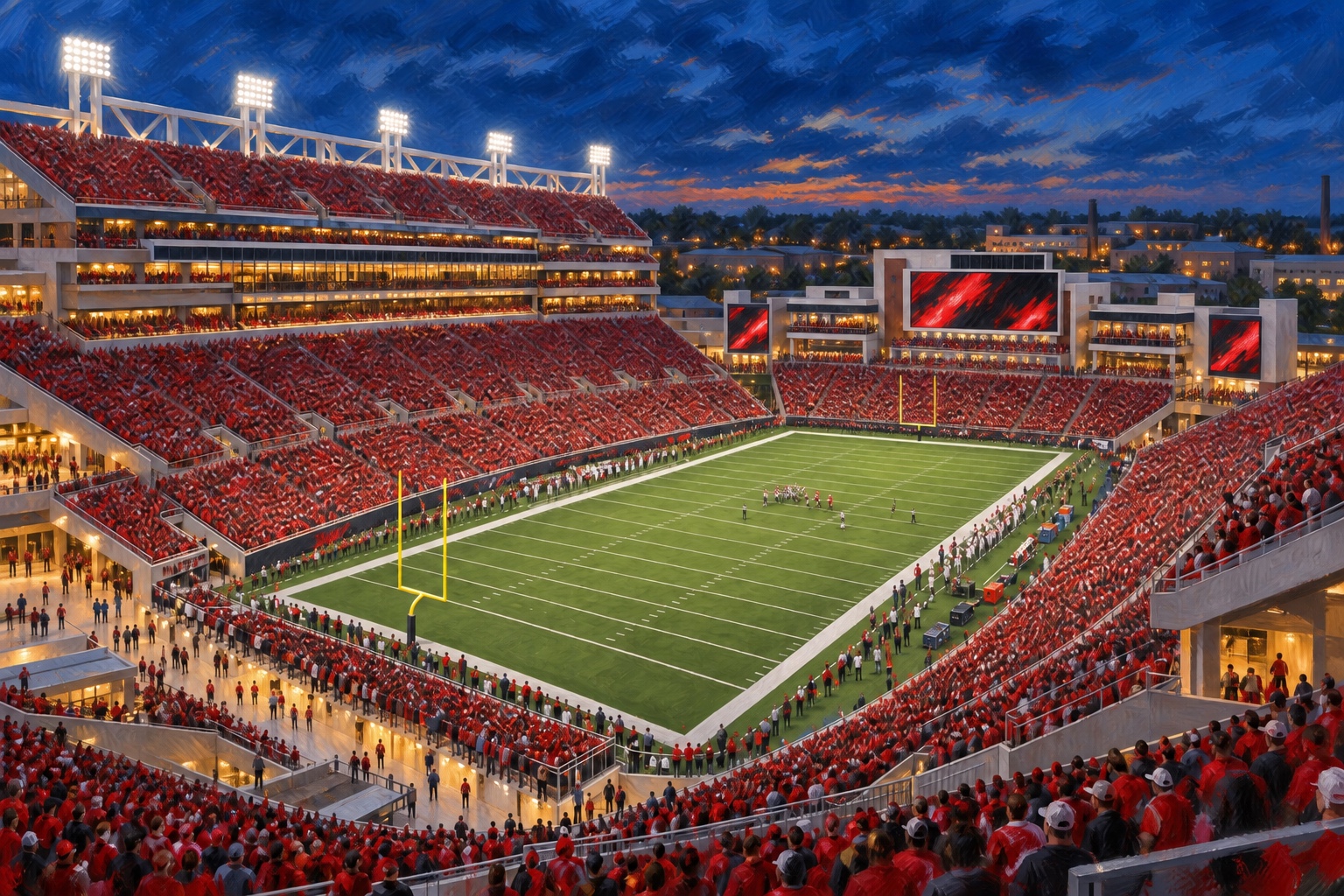 Oil painting of L&N Federal Credit Union Stadium during a packed Louisville football game