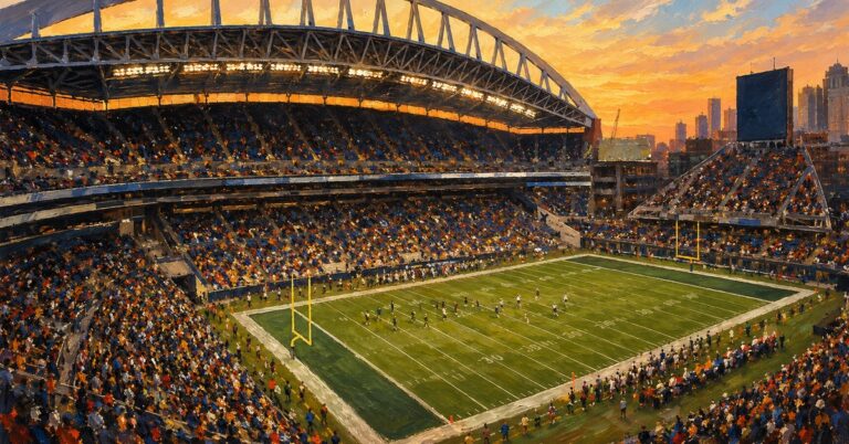 Editorial oil painting of Lumen Field in Seattle, with abstract spectators and unmarked venue surfaces.