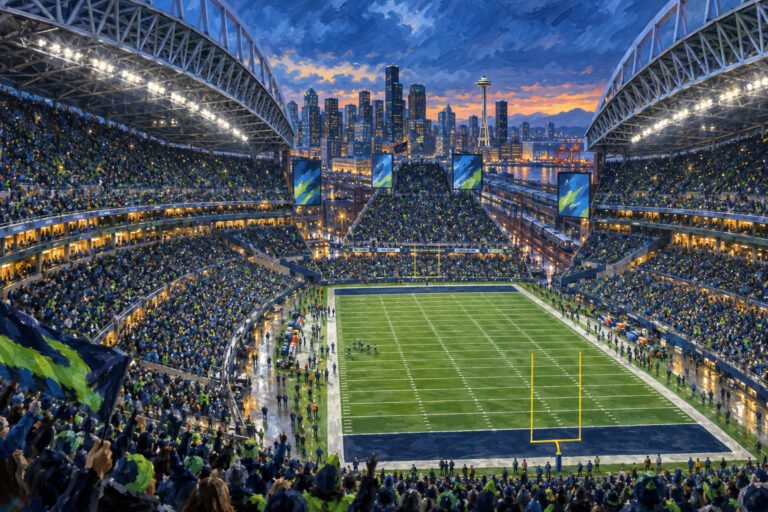 Painterly elevated interior view of Lumen Field in Seattle, showing its twin open-air roof canopies, Hawks Nest, navy-and-green crowd, football field, and city skyline at blue hour.