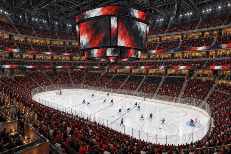 Illustrated interior of Prudential Center in Newark during a professional ice hockey game