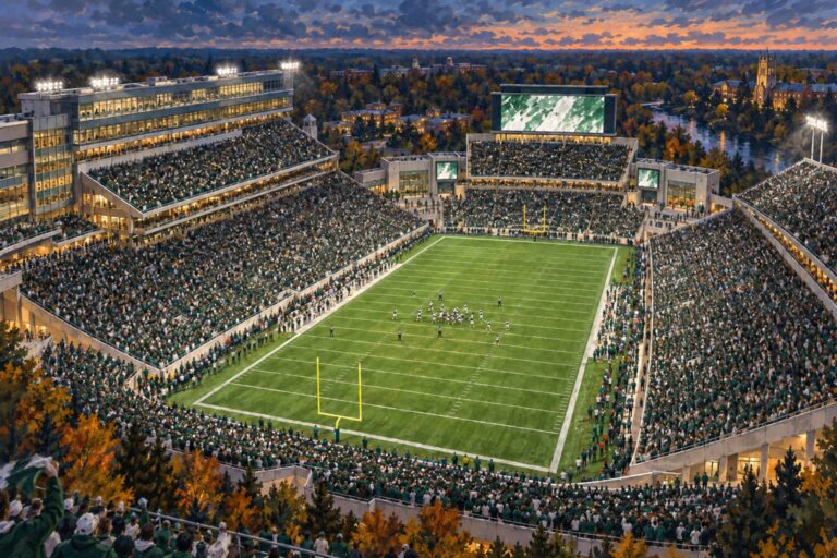 Oil painting of Spartan Stadium during a packed Michigan State football game