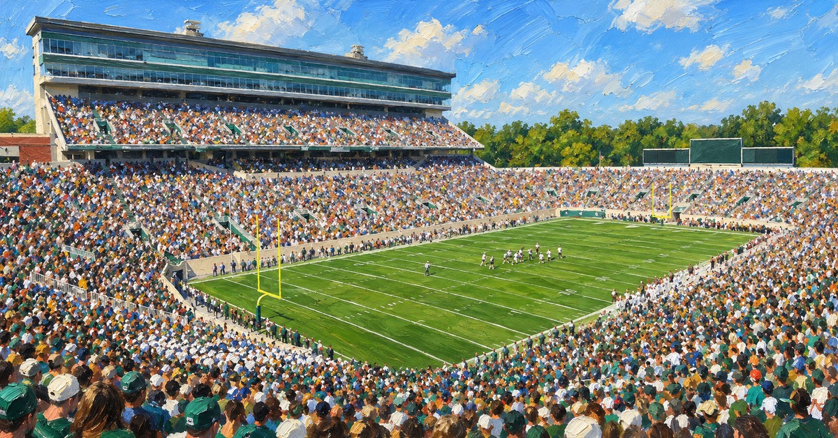 Editorial oil painting of Spartan Stadium in East Lansing, with abstract spectators and unmarked venue surfaces.