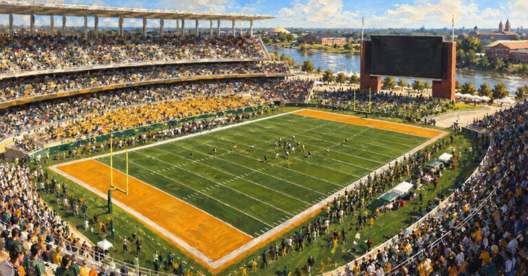 Editorial oil painting of McLane Stadium in Waco, with abstract spectators and unmarked venue surfaces.