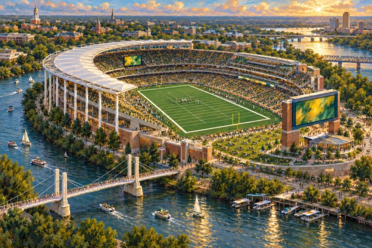 Oil painting of McLane Stadium on the Brazos River during a Baylor college football game