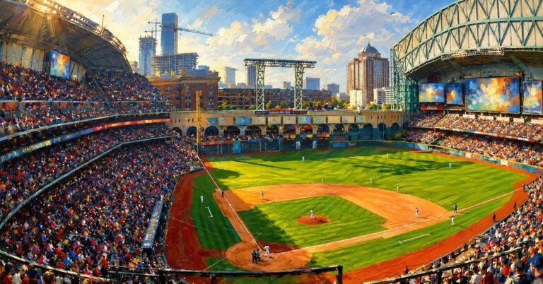 Editorial oil painting of Daikin Park in Houston, with abstracted figures and unlettered surfaces.