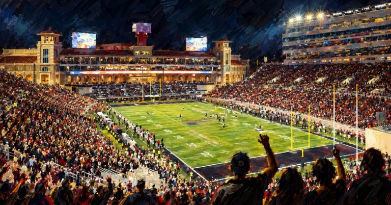 Editorial oil painting of Galaxy Stadium in Lubbock.
