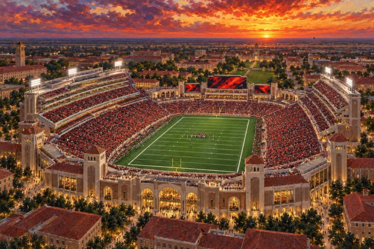 Painterly aerial view of a packed Texas Tech football game at Galaxy Stadium beneath a West Texas sunset