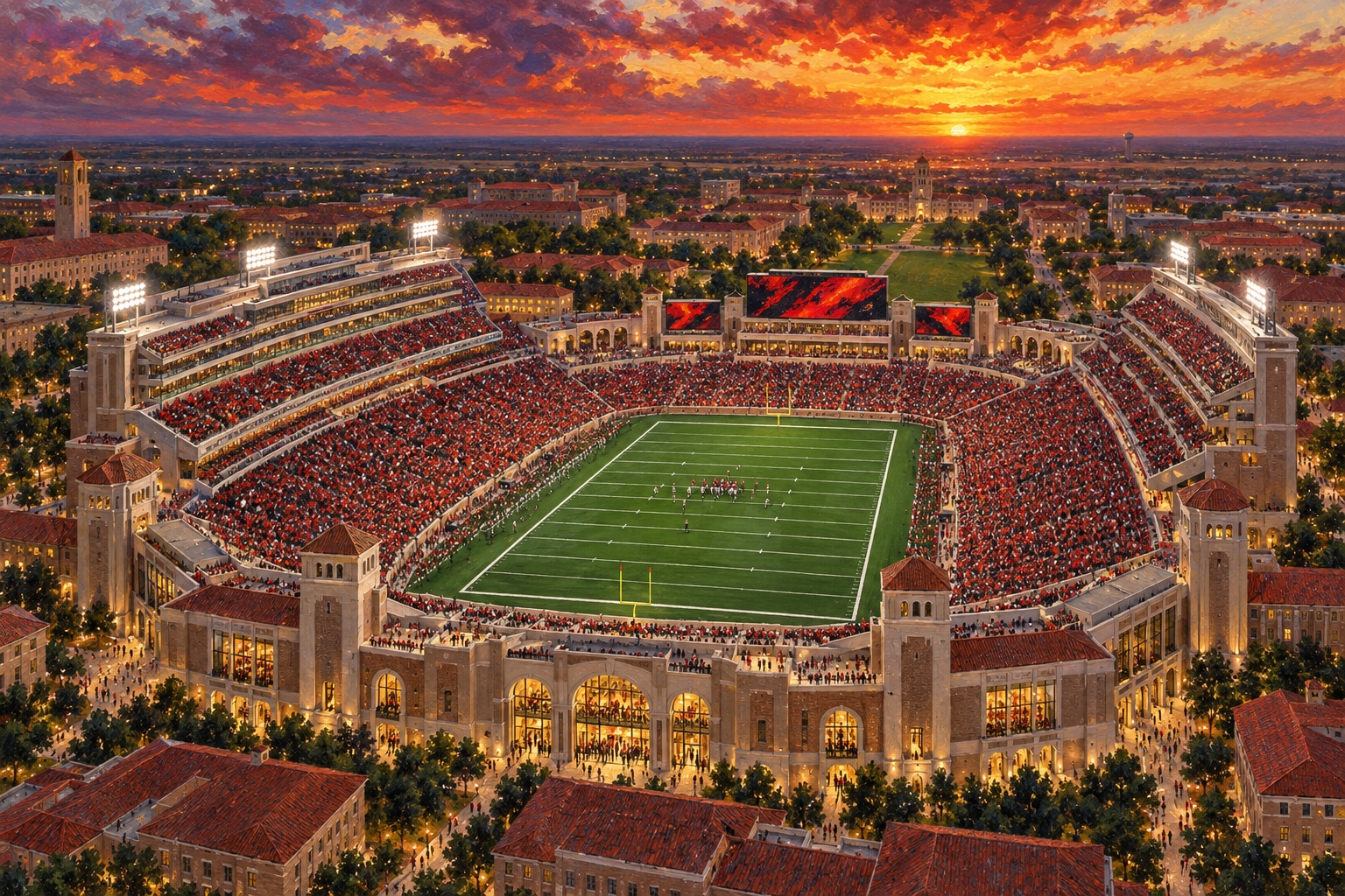 Painterly aerial view of a packed Texas Tech football game at Galaxy Stadium beneath a West Texas sunset