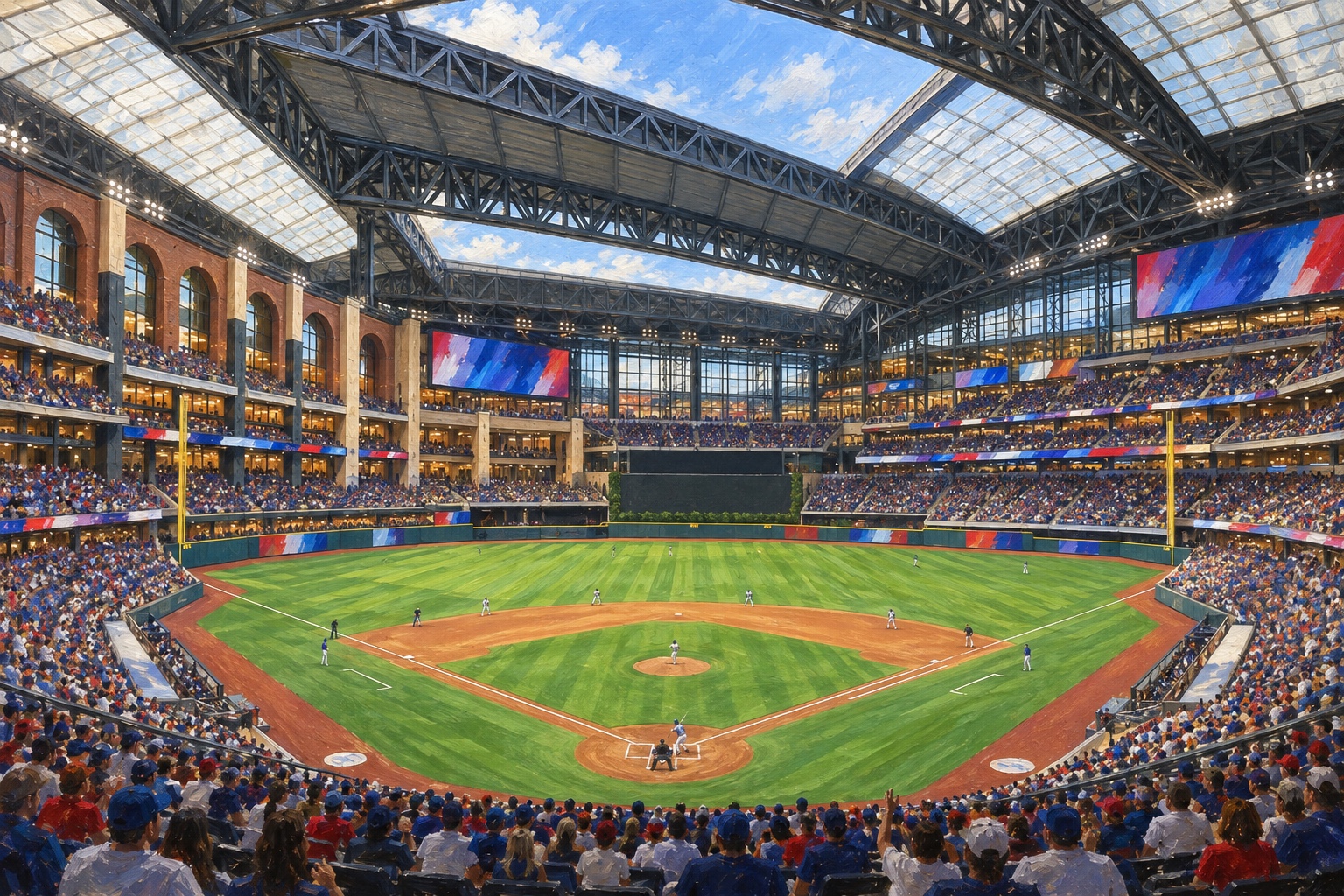 Oil painting of Globe Life Field on baseball game day