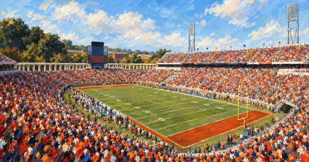 Editorial oil painting of Scott Stadium in Charlottesville