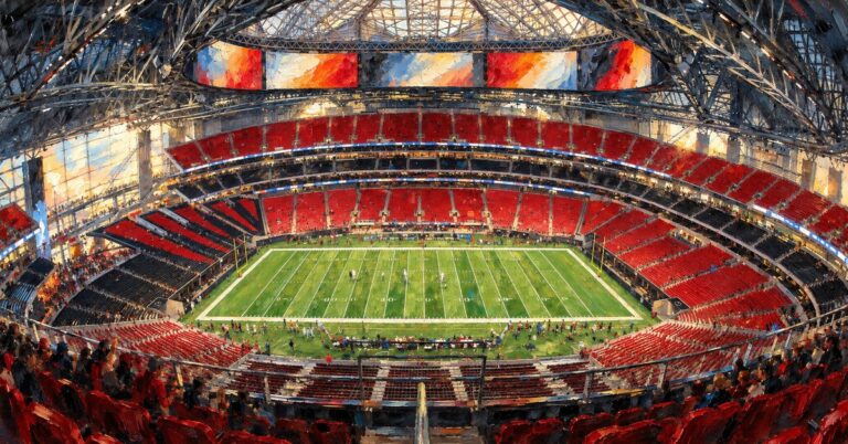 Editorial oil painting of Mercedes-Benz Stadium in Atlanta