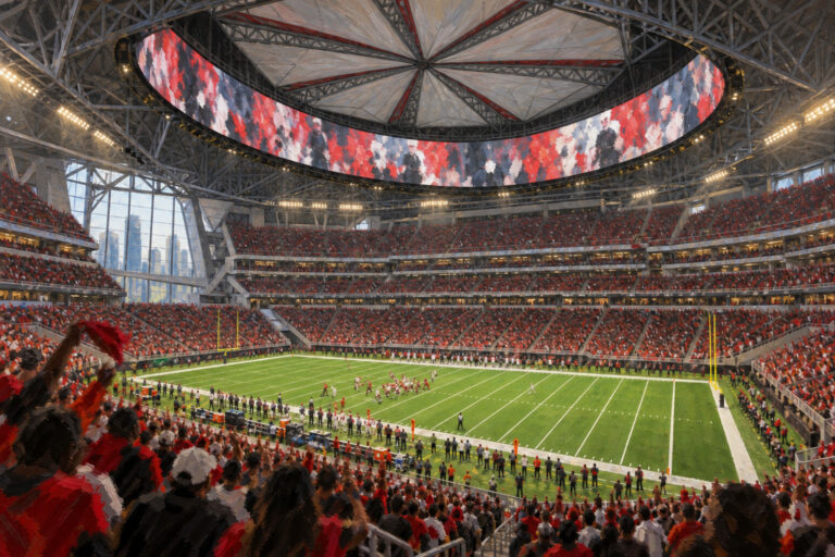 Oil painting of Mercedes-Benz Stadium in Atlanta during a football game day