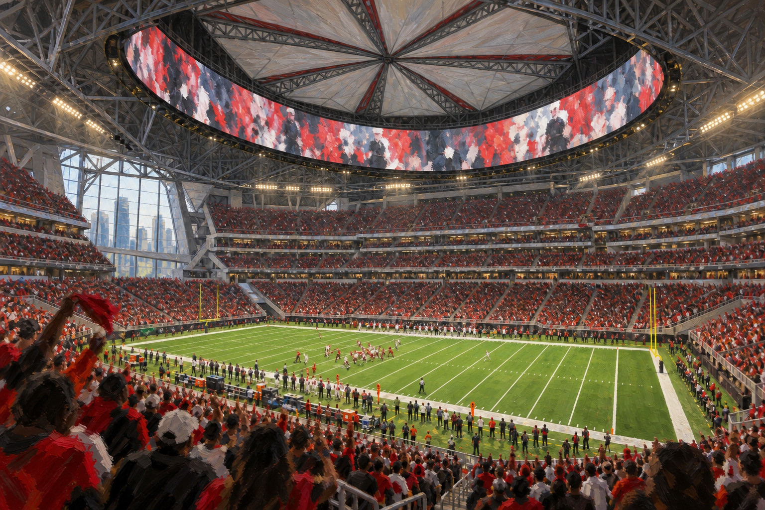 Oil painting of Mercedes-Benz Stadium in Atlanta during a football game day