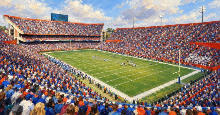 Editorial oil painting of Ben Hill Griffin Stadium in Gainesville