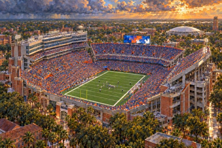 Oil painting of Ben Hill Griffin Stadium in Gainesville during a packed Florida football game after a storm