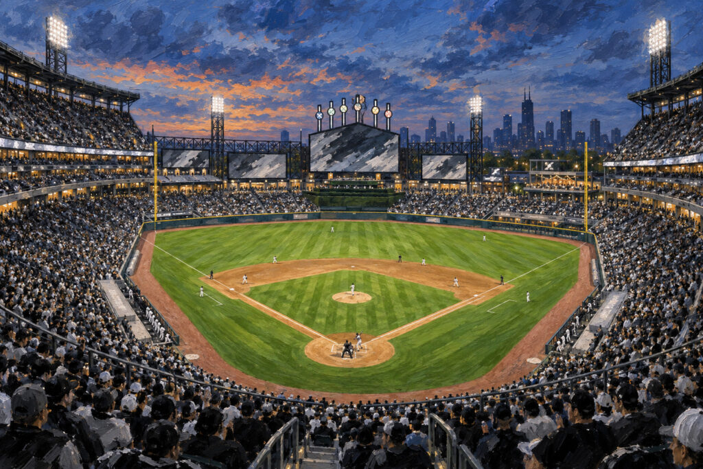 Oil painting of Rate Field on game day