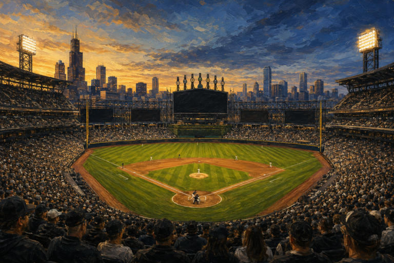Editorial oil painting of Rate Field in Chicago at sunset