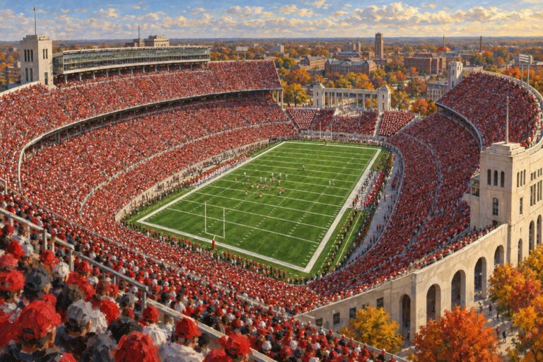 Oil painting of Ohio Stadium in Columbus during a college football game