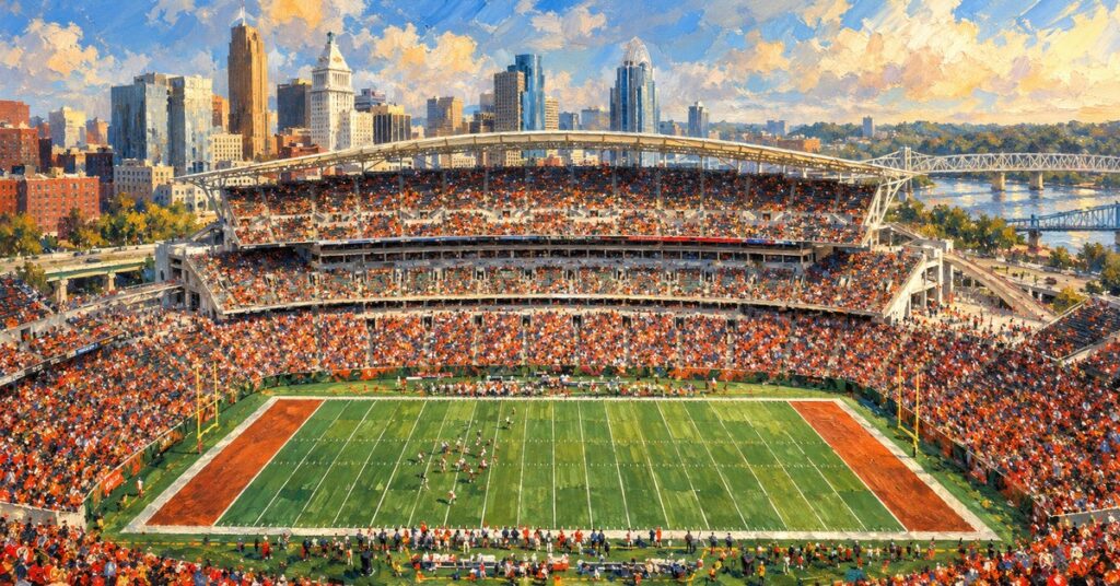 Editorial oil painting of Paycor Stadium in Cincinnati, with identifying marks abstracted.
