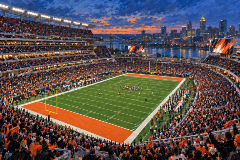 Oil painting of Paycor Stadium on game day