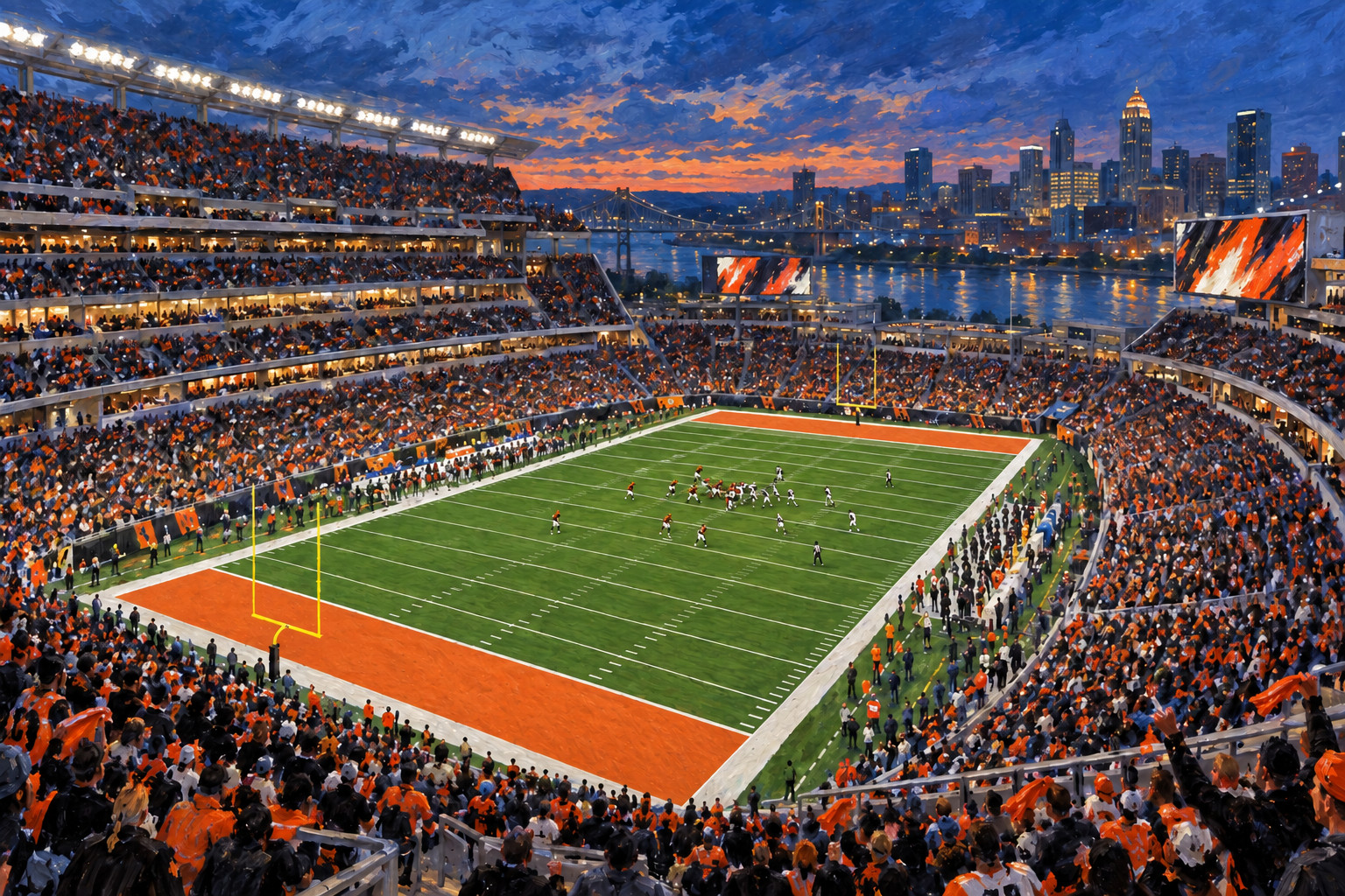 Oil painting of Paycor Stadium on game day
