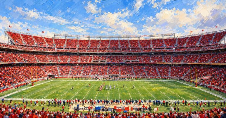 Editorial oil painting of Levi's Stadium in Santa Clara, with identifying marks abstracted.