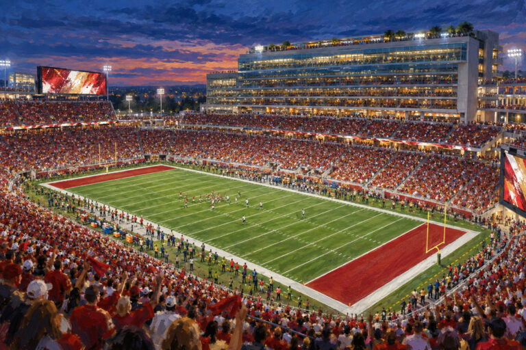 Oil painting of Levi's Stadium in Santa Clara during a football game day