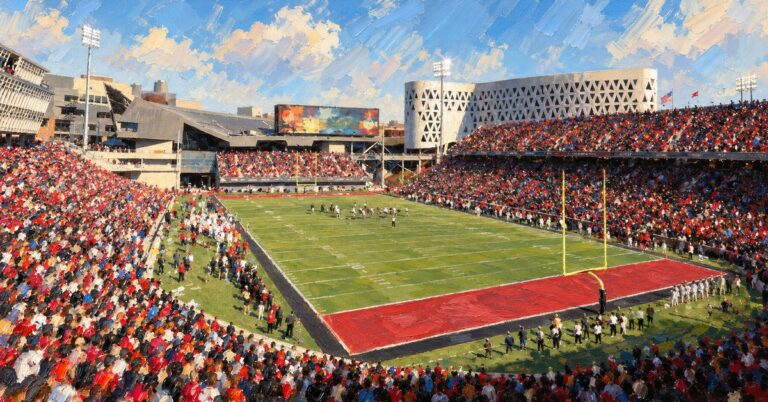 Editorial oil painting of Nippert Stadium in Cincinnati, with identifying marks abstracted.