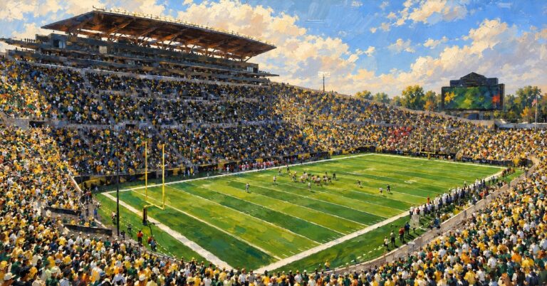 Editorial oil painting of Autzen Stadium in Eugene, with identifying marks abstracted.