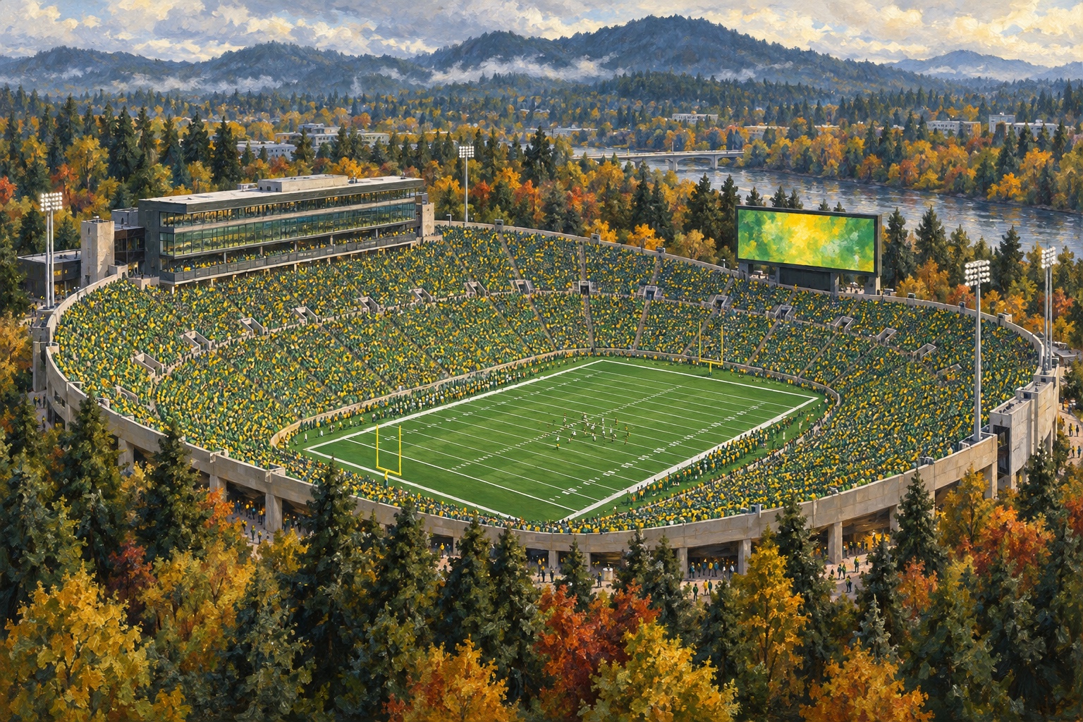 Oil painting of Autzen Stadium in Eugene during an Oregon college football game