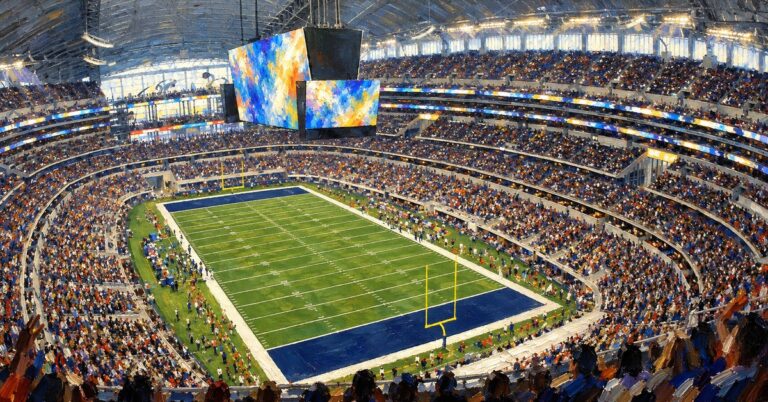 Editorial oil painting of AT&T Stadium in Arlington, with identifying marks abstracted.