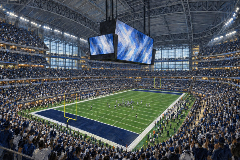 Oil painting of AT&T Stadium in Arlington during a football game day
