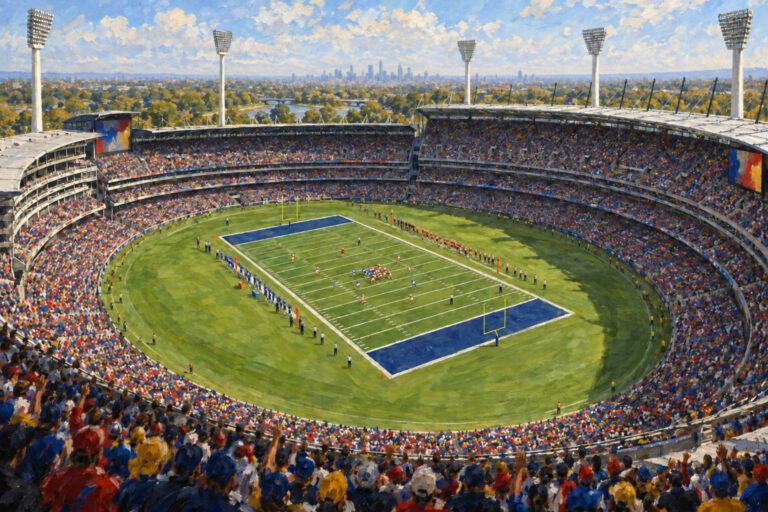 Oil painting of Melbourne Cricket Ground on game day