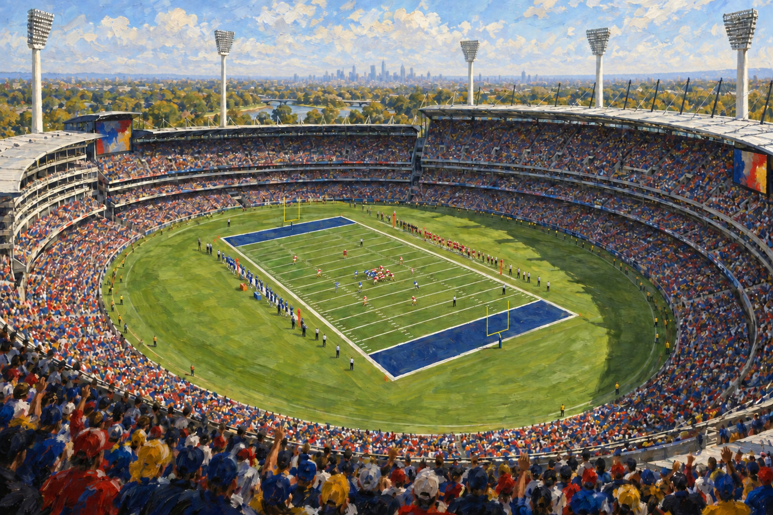Oil painting of Melbourne Cricket Ground on game day