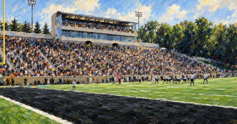 Editorial oil painting of Waldo Stadium in Kalamazoo, with identifying marks abstracted.