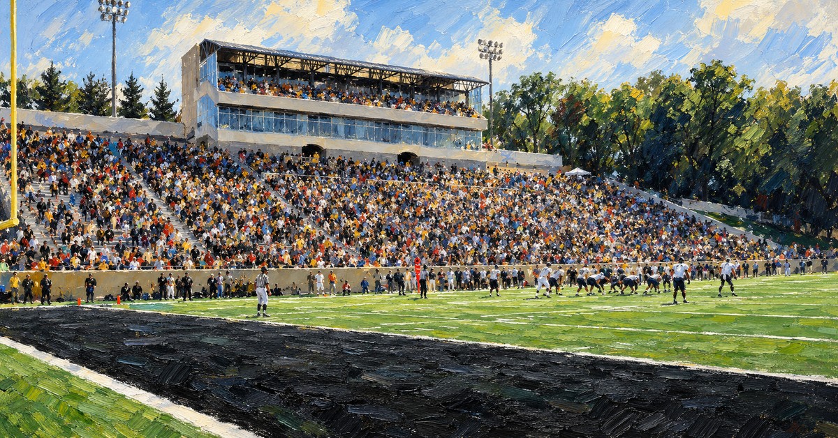 Editorial oil painting of Waldo Stadium in Kalamazoo, with identifying marks abstracted.