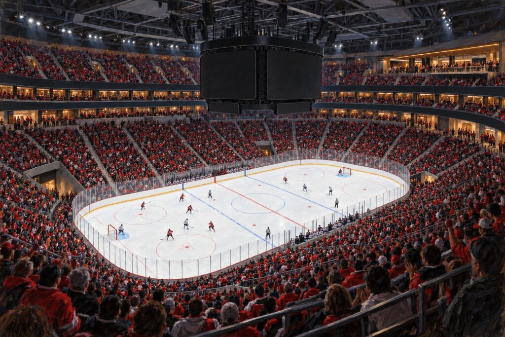 Editorial oil painting of Lenovo Center during a professional hockey night game in Raleigh, North Carolina.