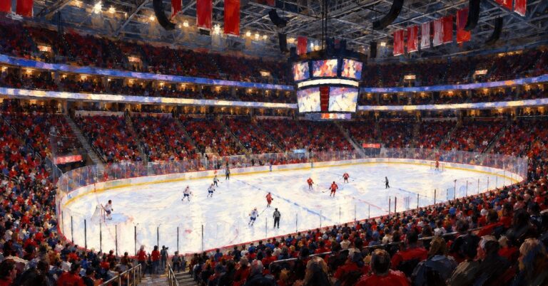 Editorial oil painting of the interior of Lenovo Center in Raleigh