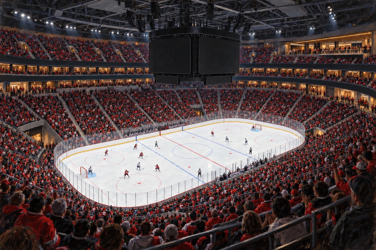 Editorial oil painting of Lenovo Center during a professional hockey night game in Raleigh, North Carolina.