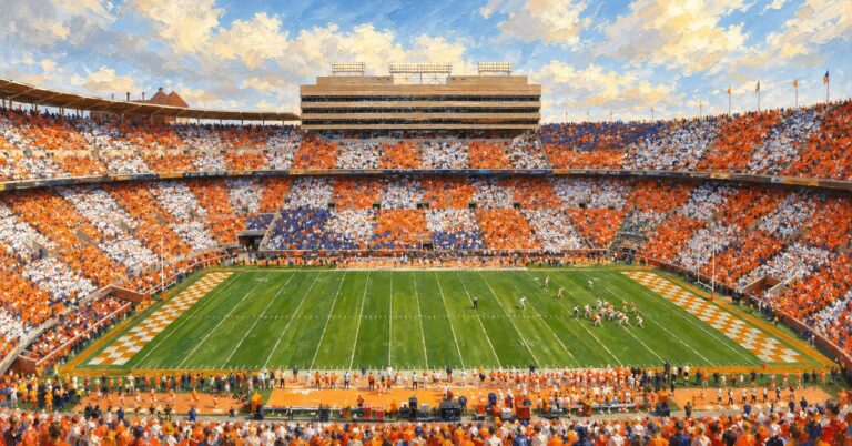 Editorial oil painting of the interior of Neyland Stadium in Knoxville