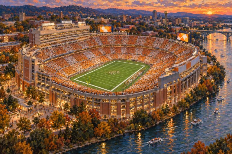 Oil painting of Neyland Stadium in Knoxville during a packed Tennessee football game beside the river at sunset
