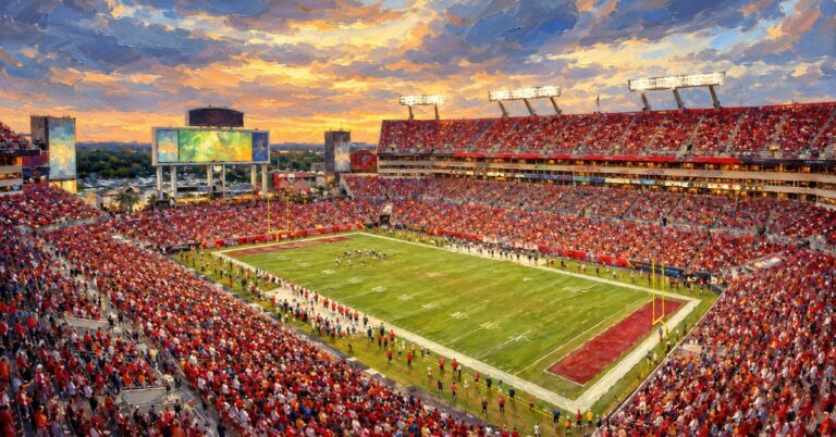 Editorial oil painting of the interior of Raymond James Stadium in Tampa