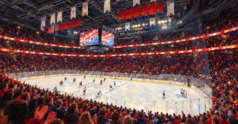 Editorial oil painting of the interior of Bell Centre in Montreal
