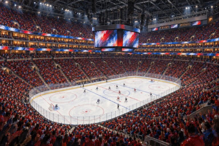 Illustrated interior of Bell Centre in Montreal during a professional ice hockey playoff game