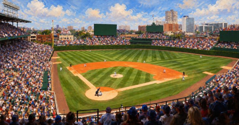 Editorial oil painting of the interior of Wrigley Field in Chicago
