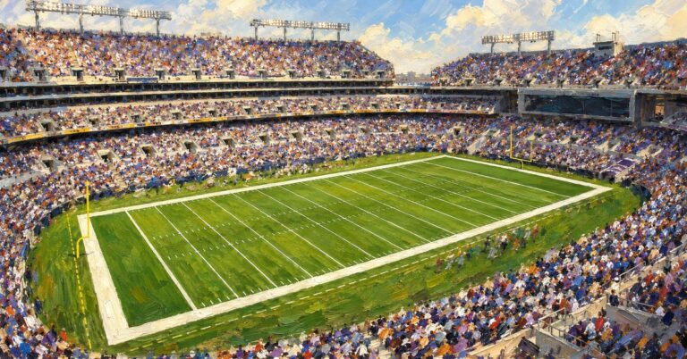 Editorial oil painting of M&T Bank Stadium in Baltimore, with abstracted spectators and unbranded venue details.