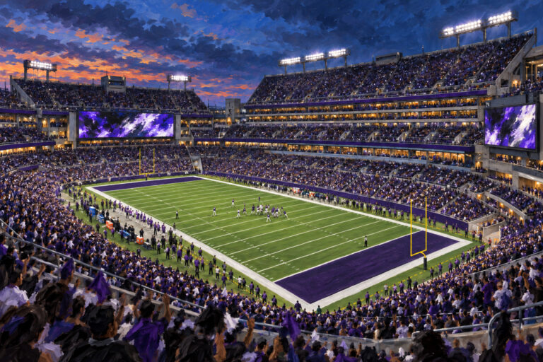Oil painting of M&T Bank Stadium in Baltimore during a football game day